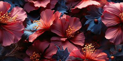 ai generiert. ai generativ. Hibiskus Blume Pflanze Blumen- botanisch exotisch tropisch blühen Muster Textur Hintergrund Dekoration Design. Grafik Kunst foto