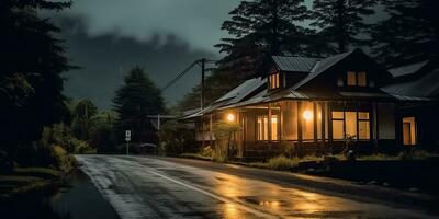 ai generiert. ai generativ. dunkel nahe Luxus Haus schließen zu das Straße. Landschaft Bauernhof draussen Natur unheimlich Stimmung. Grafik Kunst foto