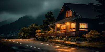 ai generiert. ai generativ. dunkel nahe Luxus Haus schließen zu das Straße. Landschaft Bauernhof draussen Natur unheimlich Stimmung. Grafik Kunst foto