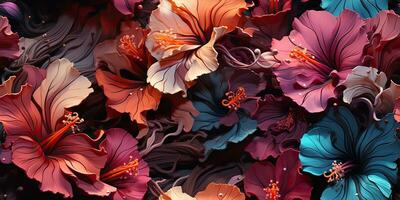 ai generiert. ai generativ. Hibiskus Blume Pflanze Blumen- botanisch exotisch tropisch blühen Muster Textur Hintergrund Dekoration Design. Grafik Kunst foto