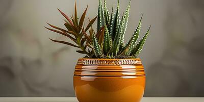 ai generiert. ai generativ. dekorativ abstrakt Blume Kaktus Pflanze botanisch auf rustikal Holz Tisch. Dekoration gemütlich Zuhause Stimmung. Grafik Kunst foto