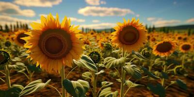 ai generiert. ai generativ. Sonnenblumen Feld beim sonnig Tag. Natur draussen wil erkunden Bauernhof Ernte Tag Stimmung. Grafik Kunst foto