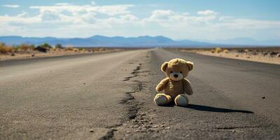 ai generiert. ai generativ. einsam gebrochen hat verloren Bär Tier Spielzeug Spiel auf das Straße. traurig Stimmung Hintergrund. Grafik Kunst foto