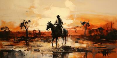 ai generiert. ai generativ. Western Cowboy Wüste Pferd Landschaft Landschaft Hintergrund. Abenteuer Wüste Berg Szene. Grafik Kunst foto