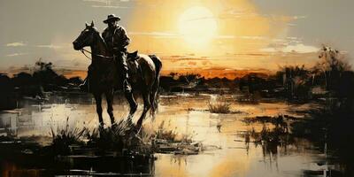 ai generiert. ai generativ. Western Cowboy Wüste Pferd Landschaft Landschaft Hintergrund. Abenteuer Wüste Berg Szene. Grafik Kunst foto