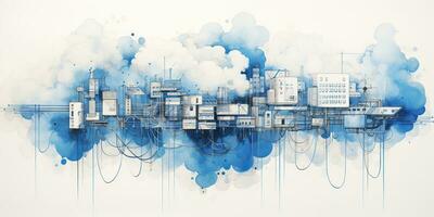ai generiert. ai generativ. abstrakt geometrisch Fabrik Pipeline Industrie Zeichnung Hintergrund im Blau Wolken. Grafik Kunst foto