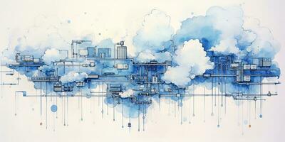 ai generiert. ai generativ. abstrakt geometrisch Fabrik Pipeline Industrie Zeichnung Hintergrund im Blau Wolken. Grafik Kunst foto