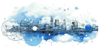 ai generiert. ai generativ. abstrakt geometrisch Fabrik Pipeline Industrie Zeichnung Hintergrund im Blau Wolken. Grafik Kunst foto