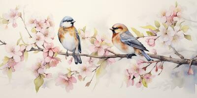 ai generiert. ai generativ. romantisch schön Vogel Sitzung auf Ast Baum. Öl Farbe zeichnen Aquarell Natur Hintergrund. Grafik Kunst foto