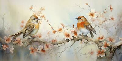 ai generiert. ai generativ. romantisch schön Vogel Sitzung auf Ast Baum. Öl Farbe zeichnen Aquarell Natur Hintergrund. Grafik Kunst foto