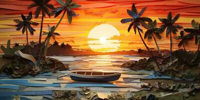 ai generiert. ai generativ. Sonnenuntergang Insel tropisch Paradies Palmen Meer Ozean Ferien Boot segeln Poster. Öl zeichnen Farbe Papier Aquarell Grafik Stil. Grafik Kunst foto