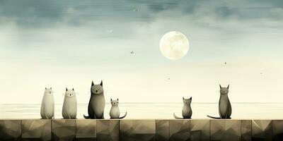 ai generiert. ai generativ. Jahrgang retro Kinder Karikatur Charakter Katzen Sitzung beim Mond und Heulen beim Nacht. Grafik Kunst foto