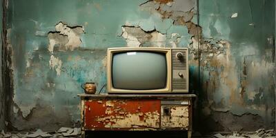 ai generiert. ai generativ. vintag retro alt Antiquität Fernseher Fernsehen Box schließen zu das Mauer Hintergrund. Grafik Kunst foto
