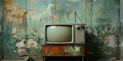 ai generiert. ai generativ. vintag retro alt Antiquität Fernseher Fernsehen Box schließen zu das Mauer Hintergrund. Grafik Kunst foto