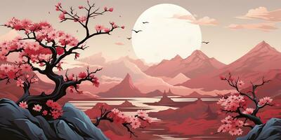 ai generiert. ai generativ. Jahrgang retro traditionell japanisch asiatisch Landschaft Hintergrund. Kirsche blühen Sakura Baum Blume Berg und draussen Natur minimal Grafik Kunst. Grafik Kunst foto