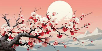 ai generiert. ai generativ. Jahrgang retro traditionell japanisch asiatisch Landschaft Hintergrund. Kirsche blühen Sakura Baum Blume Berg und draussen Natur minimal Grafik Kunst. Grafik Kunst foto
