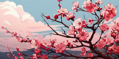 ai generiert. ai generativ. Jahrgang retro traditionell japanisch asiatisch Landschaft Hintergrund. Kirsche blühen Sakura Baum Blume Berg und draussen Natur minimal Grafik Kunst. Grafik Kunst foto