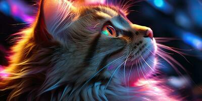 ai generiert. ai generativ. Katze Sitzung schließen zu Neon- glühend Licht. Porträt Haustier Tier Gesicht Cyberpunk Neon- Stil. Grafik Kunst foto