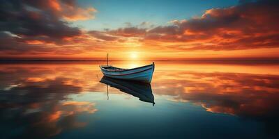 ai generiert. ai generativ. Holz Boot Schiff auf Frieden Ruhe Entspannung See Meer Fluss Wasser. Natur draussen Angeln Landschaft. Grafik Kunst foto