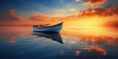 ai generiert. ai generativ. Holz Boot Schiff auf Frieden Ruhe Entspannung See Meer Fluss Wasser. Natur draussen Angeln Landschaft. Grafik Kunst foto