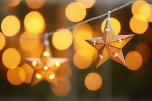 Weihnachten Star Beleuchtung auf verschwommen Hintergrund. LED Zeichenfolge Licht Dekoration. ai generiert foto