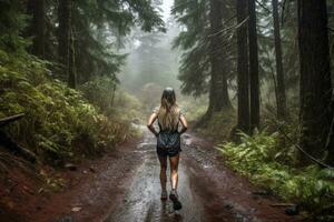 Frau Läufer im Sport Jacke Lauf Wald Weg im das Regen, zurück Sicht. generativ ai foto