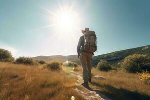 Wanderer beim Sonnenuntergang Berge mit Rucksack. draussen Ferien allein in das wild. generativ ai foto