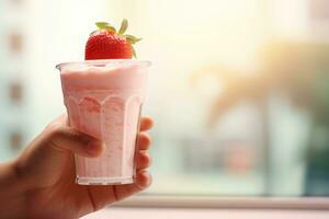 weiblich Hand hält Glas von frisch Erdbeere Smoothie. Sommer- trinken Milchshake und Erfrischung organisch Konzept. ai generiert foto