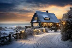 Winter gemütlich mit Stroh gedeckt Hütte in der Nähe von zu Strand. dekoriert mit Beleuchtung. ai generiert foto