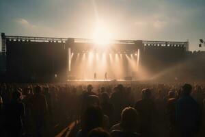 Menge beim ein öffnen Luft Konzert. Menschen feiern auf ein Sommer- öffnen Luft. generativ ai foto