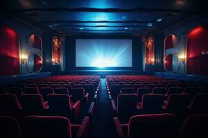 leeren modern Film Theater Innere mit Bildschirm und Sitze. generativ ai foto