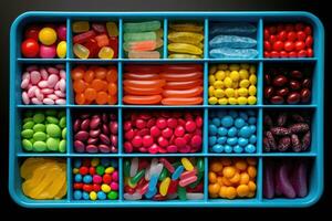 mischen von Süßigkeiten im Kasten. Marshmallows, Süßigkeiten, Dragee, Obst Gelee. oben Aussicht eben legen. generativ ai foto