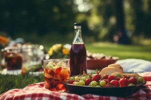 schließen oben von Essen, Getränke und Picknick Korb auf Decke auf Gras beim Sommer- Park. generativ ai foto