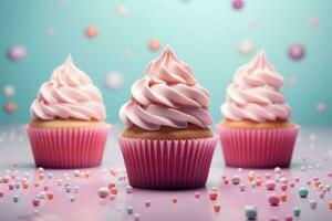 bunt Cupcakes auf ein Pastell- Hintergrund. generativ ai foto