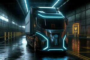 elektrisch LKW im ein futuristisch Umfeld. LKW mit Neon- Beleuchtung. generativ ai foto