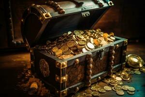 alt öffnen Pirat Schatz Truhe voll von golden Münzen. generativ ai foto