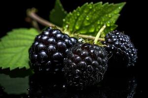 Brombeeren mit Blätter. Ast von reif Brombeere im ein Garten auf Grün Hintergrund. generativ ai foto