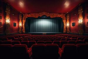 leeren modern Film Theater Innere mit Bildschirm und Sitze. generativ ai foto