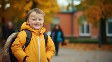 Junge mit Nieder Syndrom geht zu Schule foto