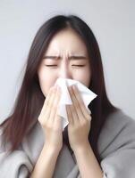 ai generativ krank verärgert indisch Mädchen halten Papier Gewebe weht Laufen Nase Niesen im Taschentuch habe Grippe Fieber gefangen kalt Grippe sitzen beim Zuhause Kamin Sinus Virus Krankheit Symptom Konzept Fa foto