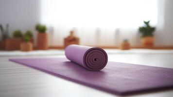 ai generativ ausgerollt Yoga Matte Lügen im leeren Licht Fitness Studio auf hölzern Fußboden entfaltet Sport Ausrüstung bereit zum Ausbildung modern Pilates Dachgeschoss Zimmer bereit zum trainieren Session gesund Leben foto