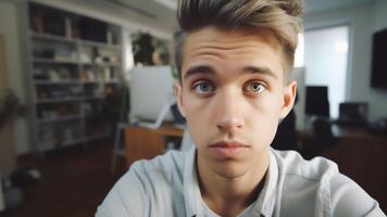 ai generativ jung Kerl Sprechen Aufzeichnung vlog beim Zuhause suchen beim Kamera Webcam männlich vlogger reden Schießen Video Blog Webinar Herstellung online Anruf kommunizieren haben entfernt Job Interview ec foto