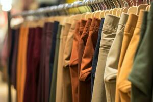 Hose auf Kleiderbügel im ein Kleidung speichern. Hose speichern, Neu Kleider während Einkaufen. generativ ai foto