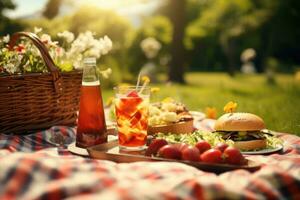 schließen oben von Essen, Getränke und Picknick Korb auf Decke auf Gras beim Sommer- Park. generativ ai foto