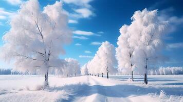 ai generativ schneebedeckt Straße im das Winter Wald Weihnachten Szene Blau Weihnachten Hintergrund Birken im das Schnee gegen das Blau Himmel Landschaft foto