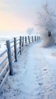 ai generativ Schnee bedeckt Zaun und Pflanzen zuerst Schnee Winter ländlich Szene schneebedeckt Landschaft Landschaft foto