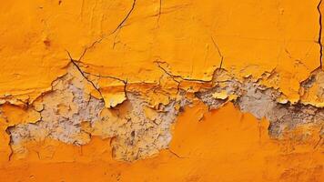 ai generativ Gelb Orange gebrochen Beton Mauer von ein alt Gebäude mit Risse Nahansicht Hintergrund zum Design Halloween Grusel gespenstisch gruselig unheimlich Banner breit lange Panorama- heiß Verkauf foto