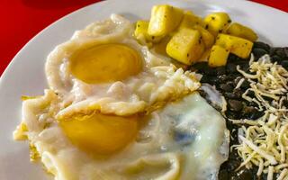 mexikanisches Omelett Eier schwarze Bohnen Kartoffeln Nachos auf weißem Teller. foto