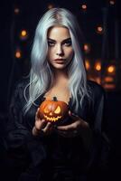 schön Frau tragen Halloween Kostüm mit Kürbis gemacht mit generativ ai foto