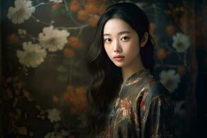 schön asiatisch Frau mit Blume Hintergrund gemacht mit generativ ai foto